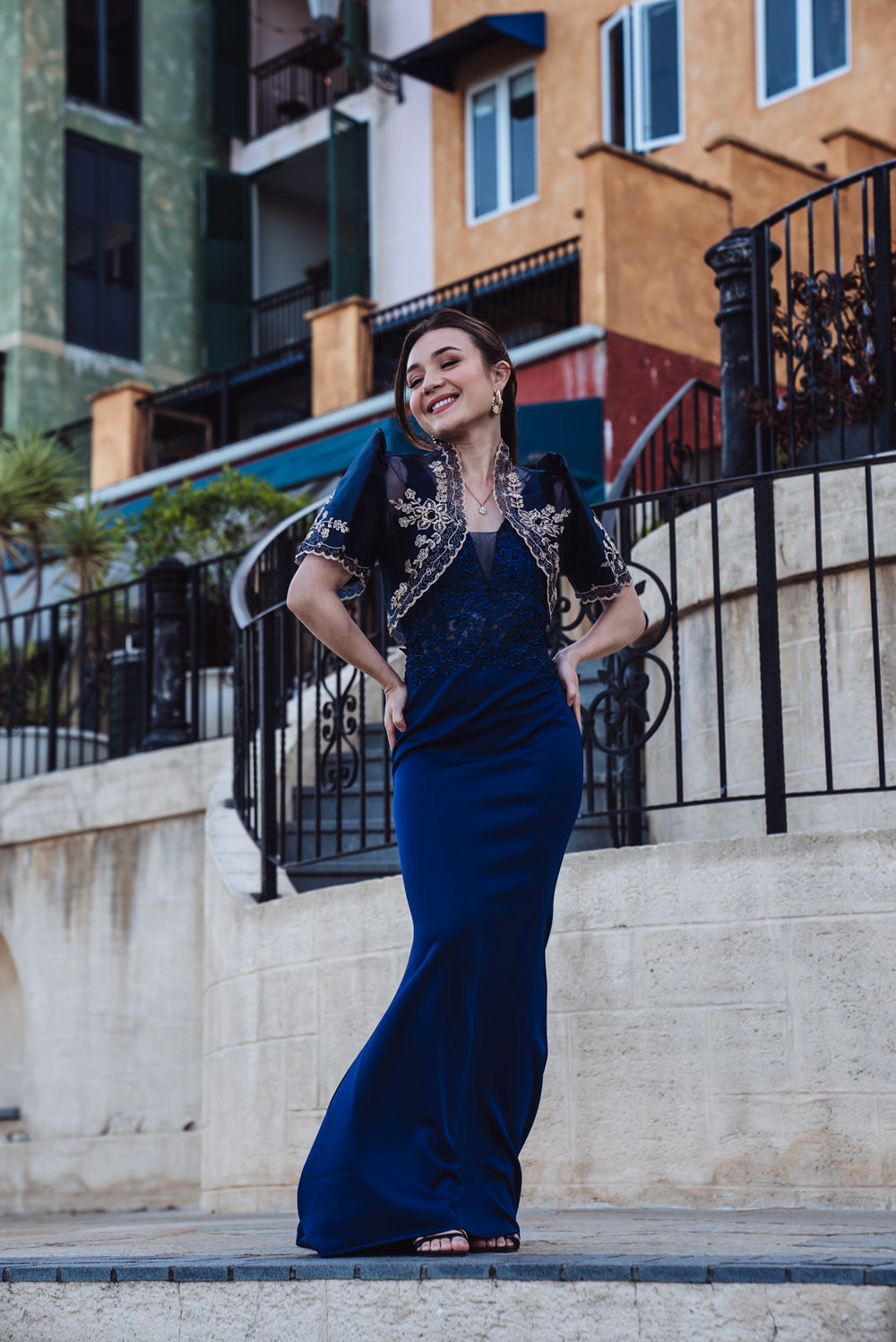 'Florence' Floral Embellished Prom & Formal Dress (Navy)