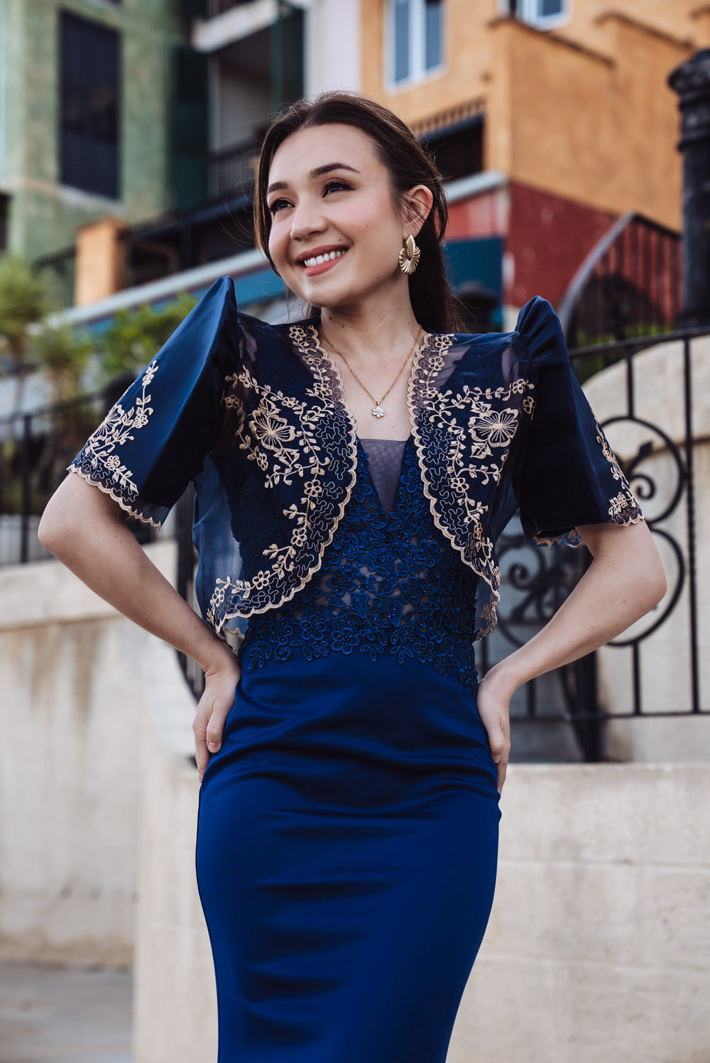 'Florence' Floral Embellished Prom & Formal Dress (Navy)