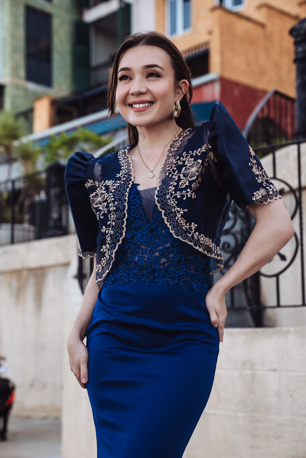 'Florence' Floral Embellished Prom & Formal Dress (Navy)