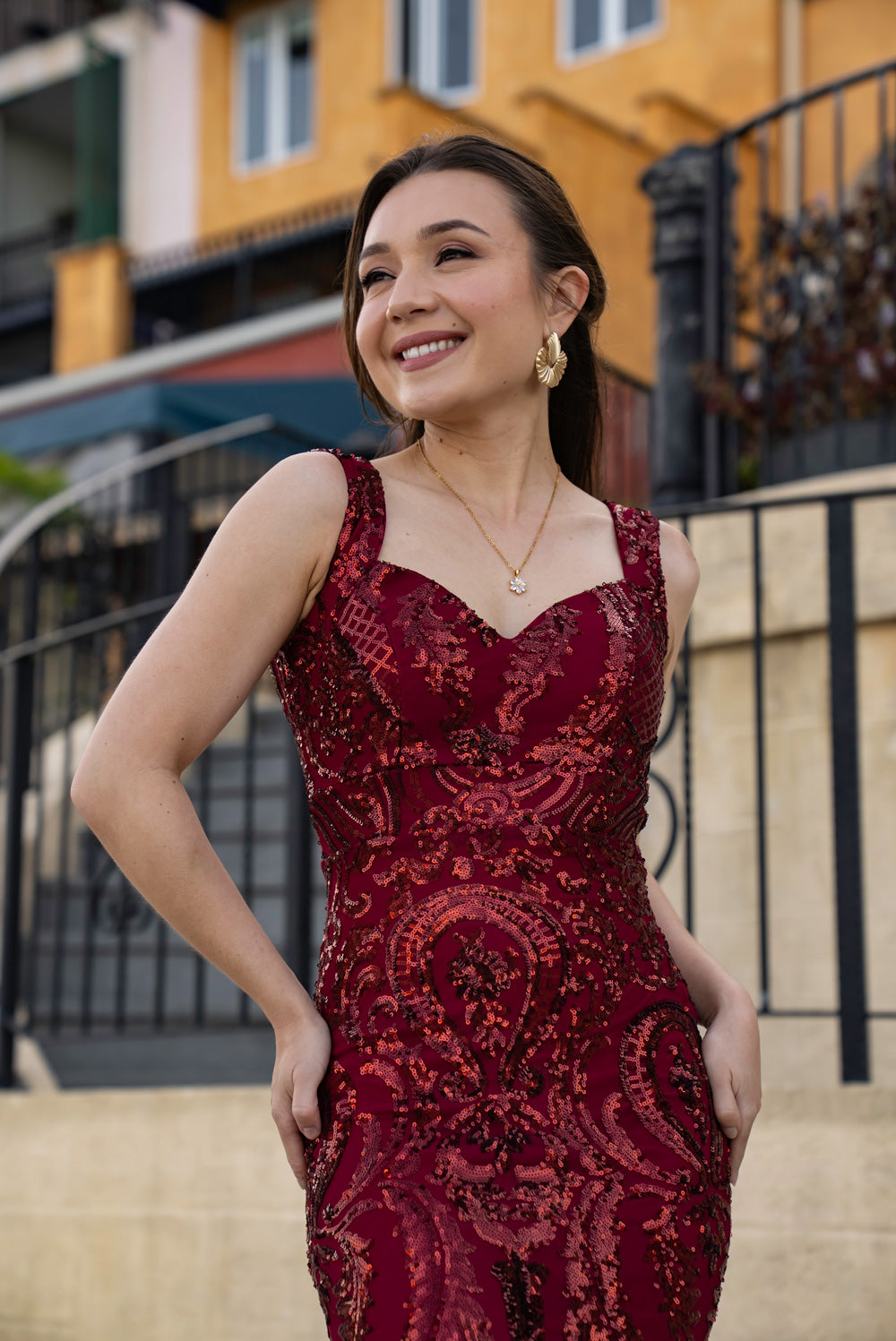 'Mayari' Sequin Mermaid Prom & Formal Gown (Burgundy)