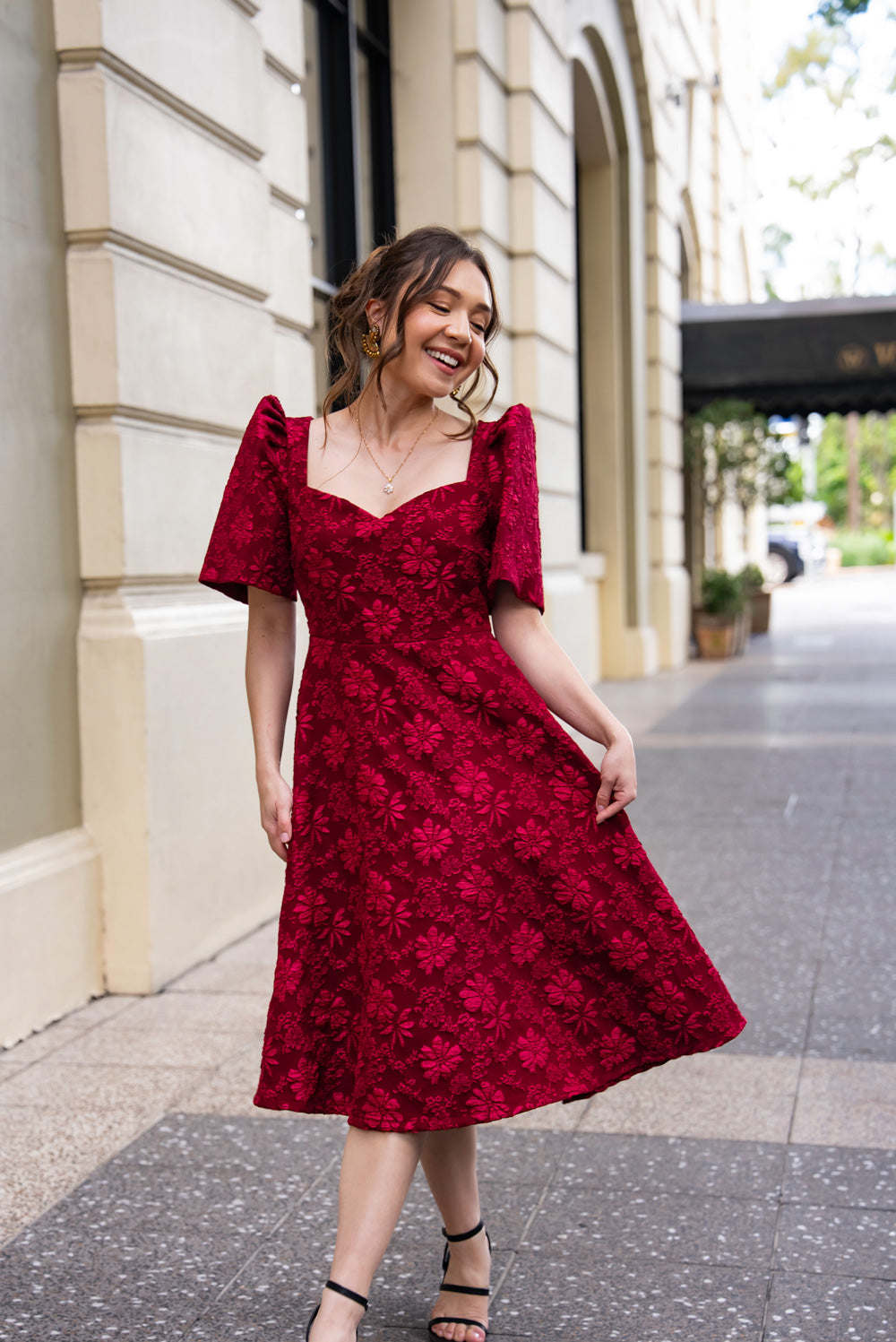 Love' Midi Filipiniana Dress, Floral Jacquard (Rose Red) Mestiza Filipina Love' Midi Filipiniana Dress, Floral Jacquard (Rose Red) Mestiza Filipina