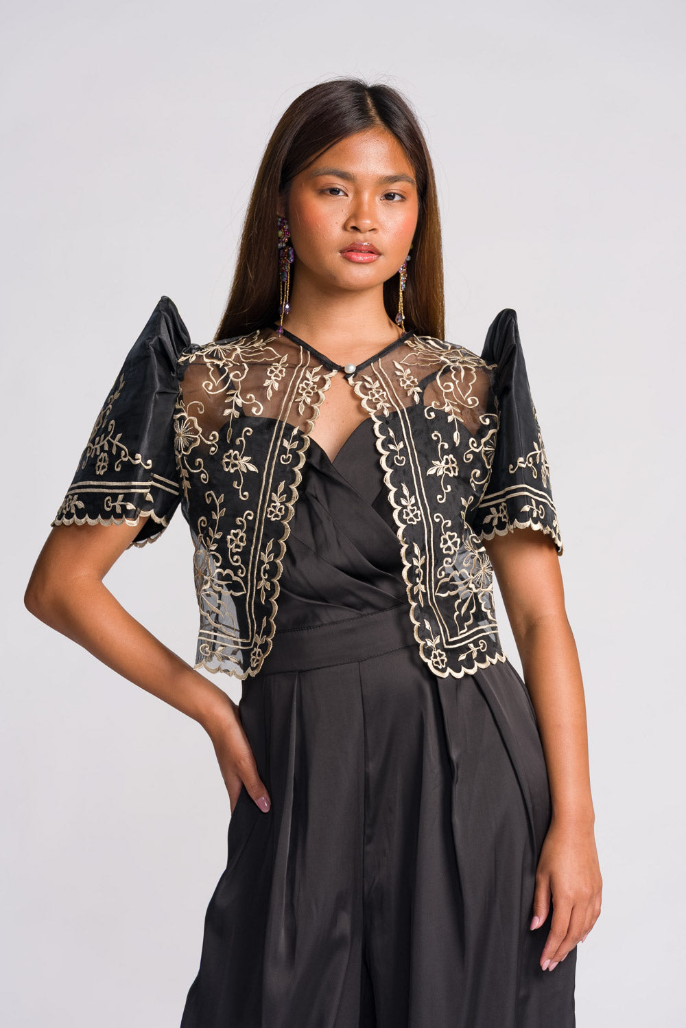 Carmen Mestiza Bolero Black Butterfly Sleeve Filipiniana Jacket | Mestiza Filipina Carmen Mestiza Bolero Black Butterfly Sleeve Filipiniana Jacket | Mestiza Filipina