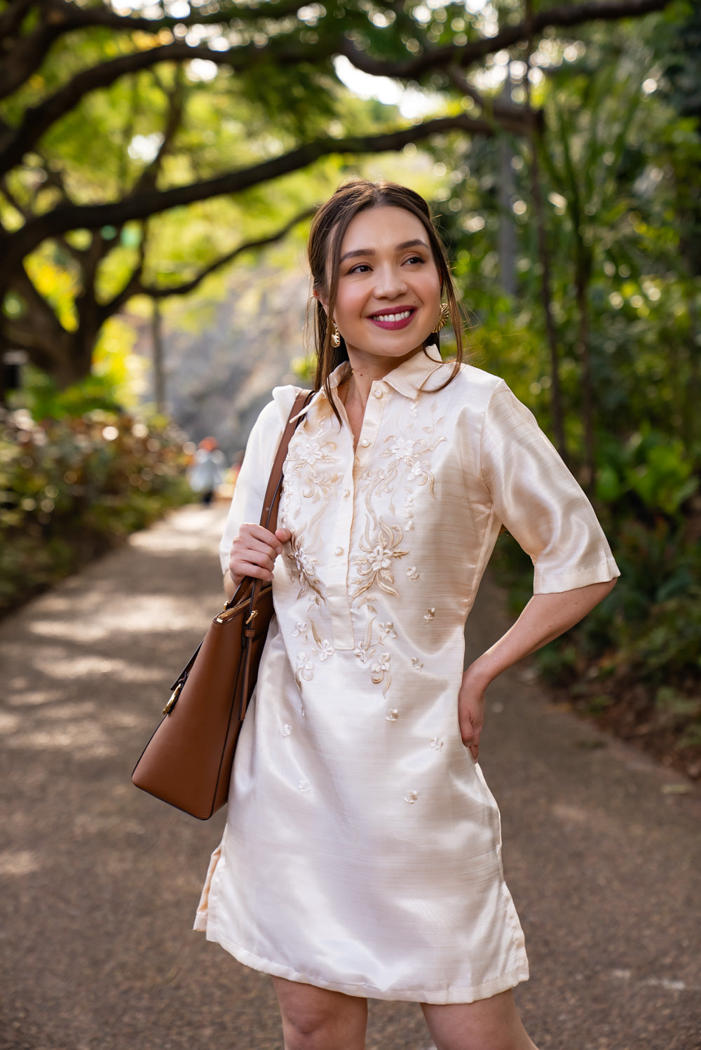 Amada Barong Dress – Filipiniana Shift Dress in Cream Mestiza