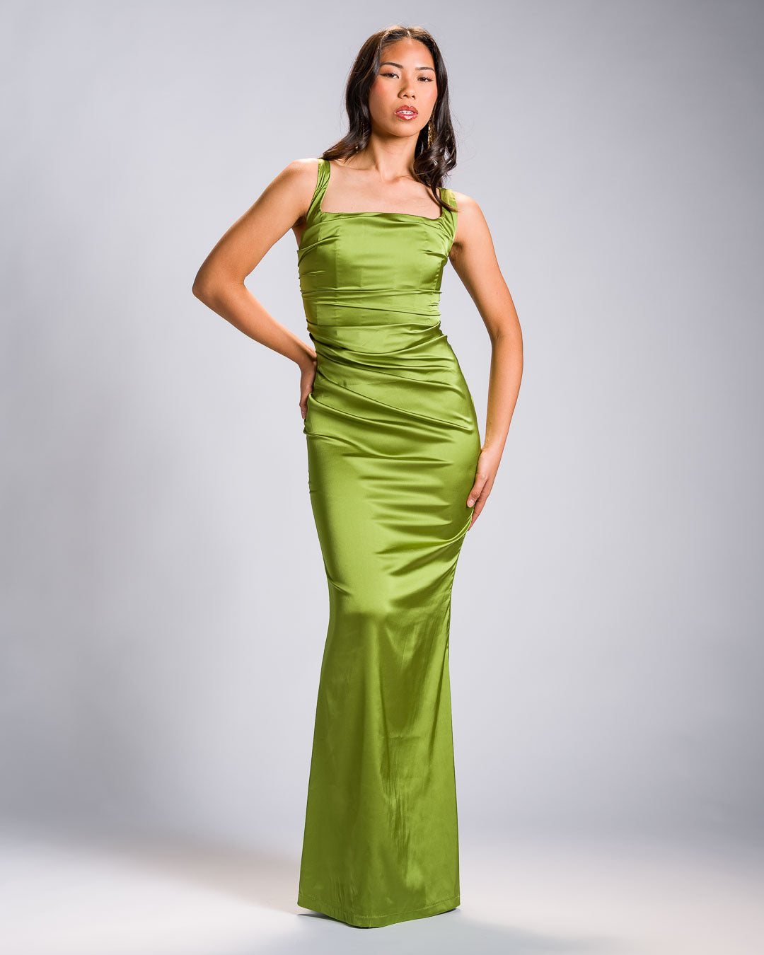 'Bea' Corset Charmeuse Satin Gown with Chiffon Scarf (Chartreuse Green)