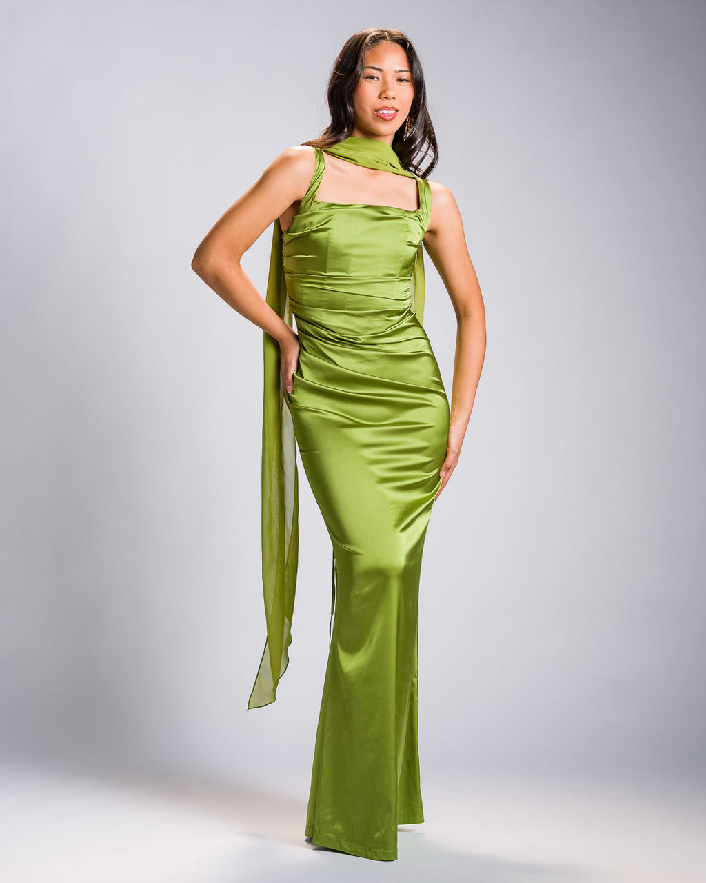 Filipiniana Evening Gown 'Bea' in Chartreuse Green, close-up – Mestiza Filipina