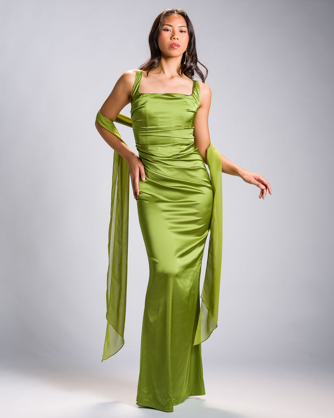 'Bea' Corset Charmeuse Satin Gown with Chiffon Scarf (Chartreuse Green)