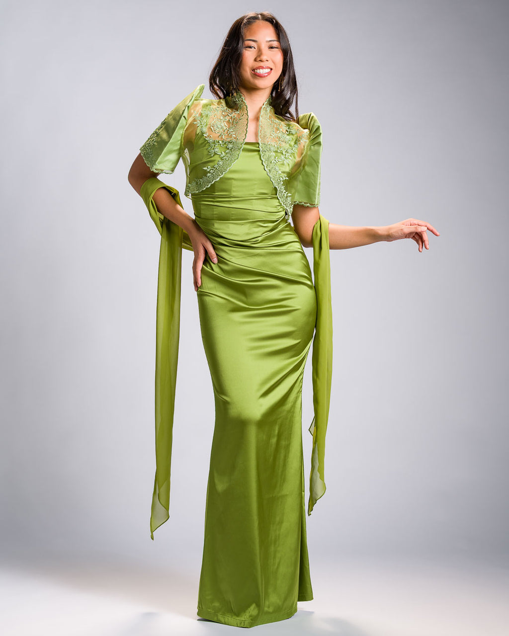 Filipiniana Evening Gown 'Bea' in Chartreuse Green, detail view – Mestiza Filipina