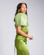 Filipiniana Bolero 'Nene' in Chartreuse Green, back view – Mestiza Filipina