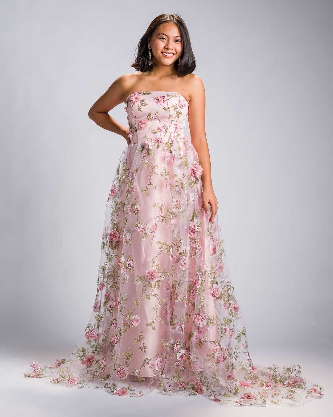 'Florisa' 3D Flower Organza Train Gown (Peony Pink)