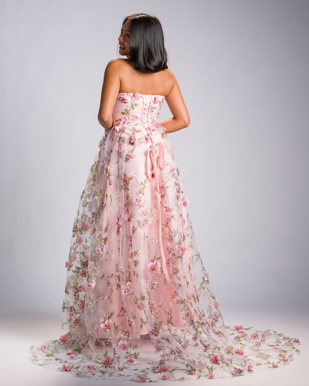 'Florisa' 3D Flower Organza Train Gown (Peony Pink)
