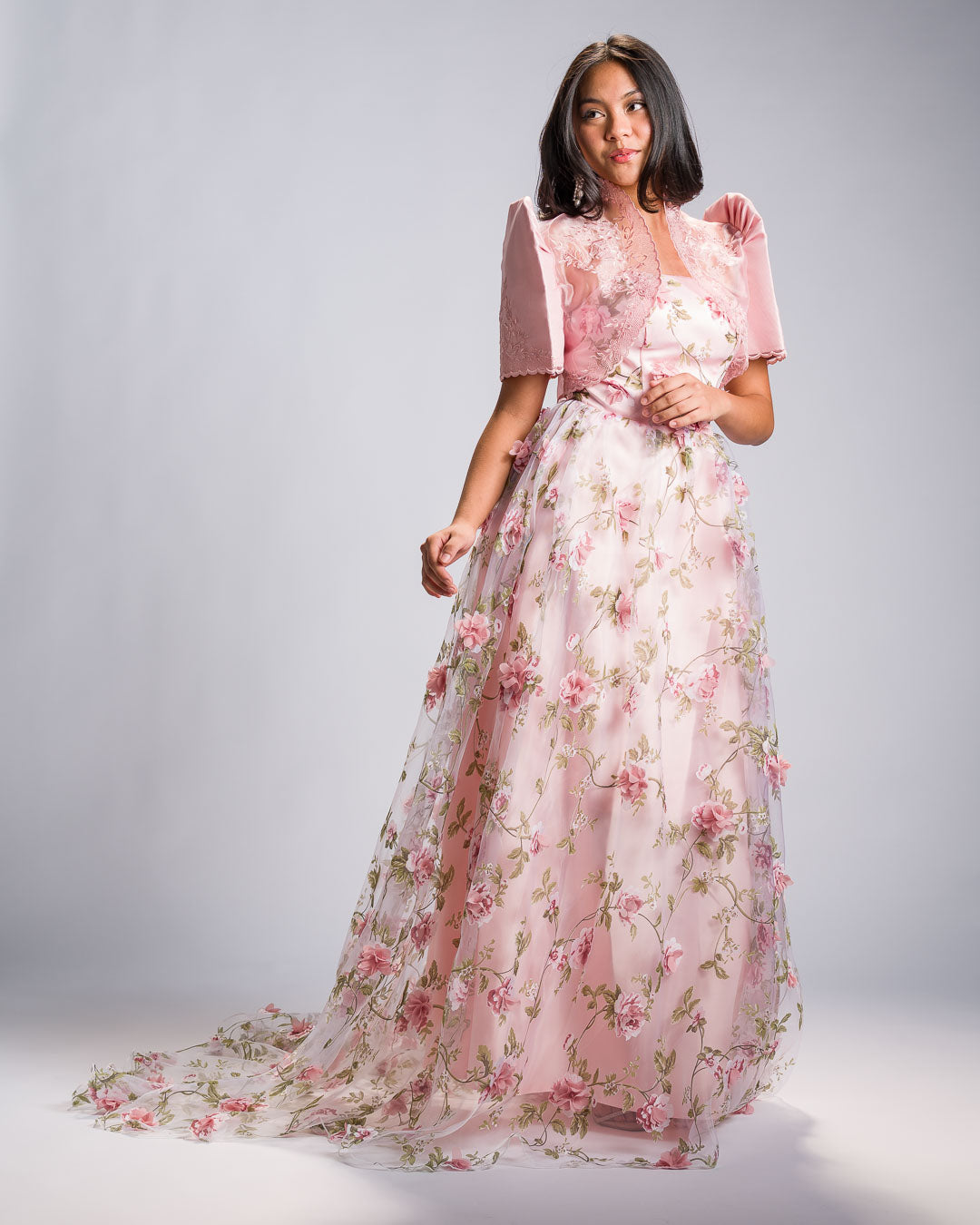 'Florisa' 3D Flower Organza Train Gown (Peony Pink)