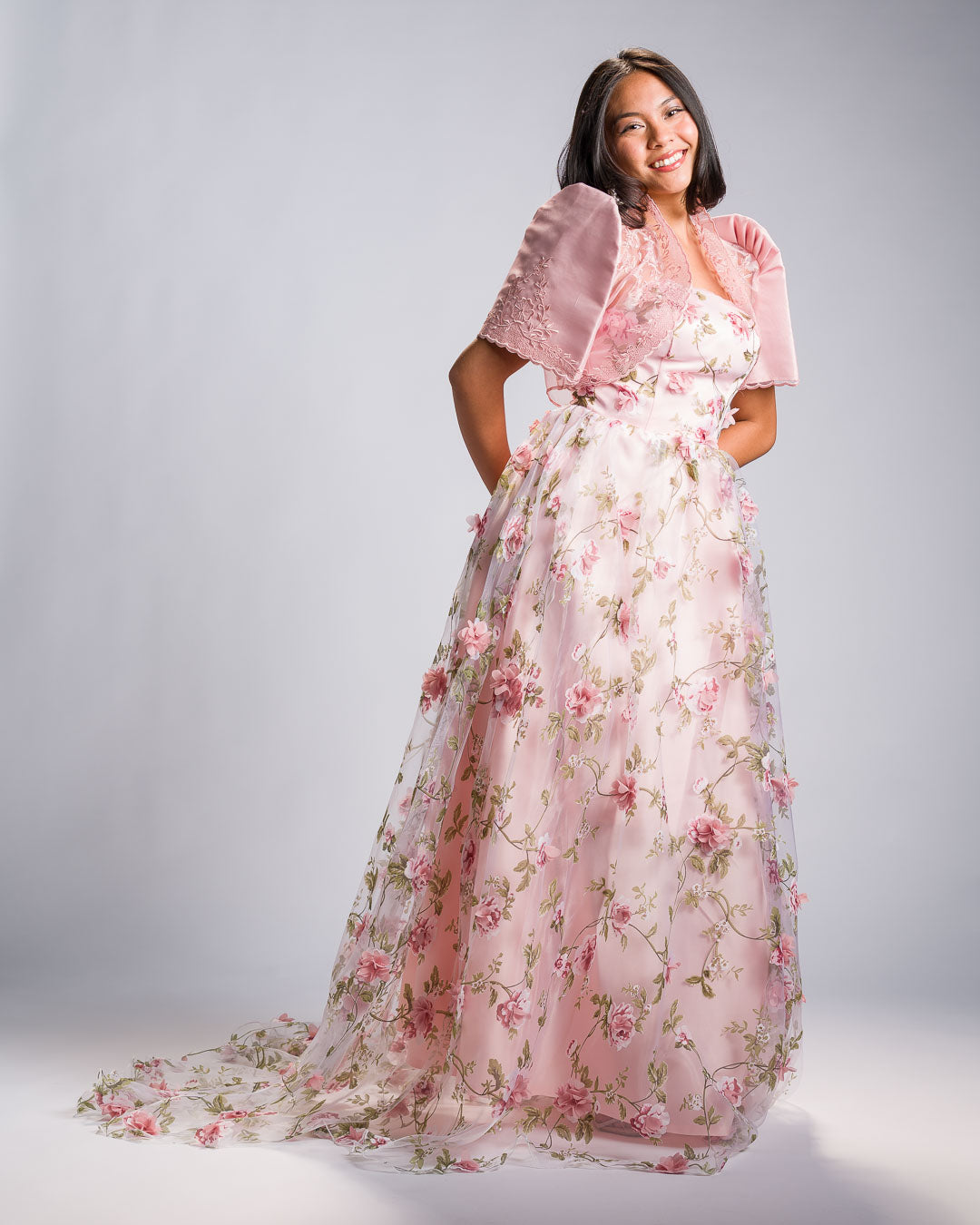 Filipiniana 'Florisa' in Peony Pink, front view – Mestiza Filipina