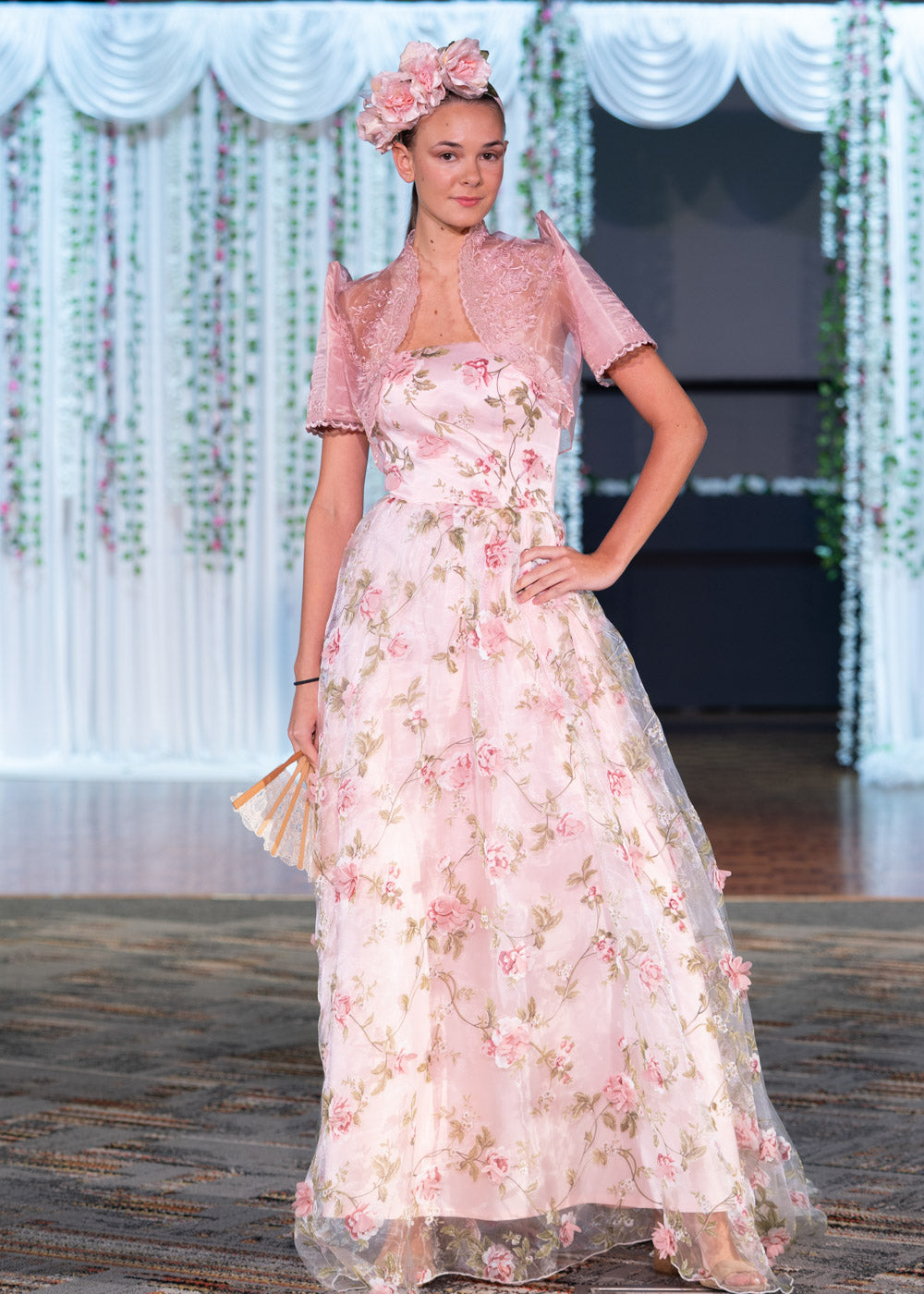 'Florisa' 3D Flower Organza Train Gown (Peony Pink)