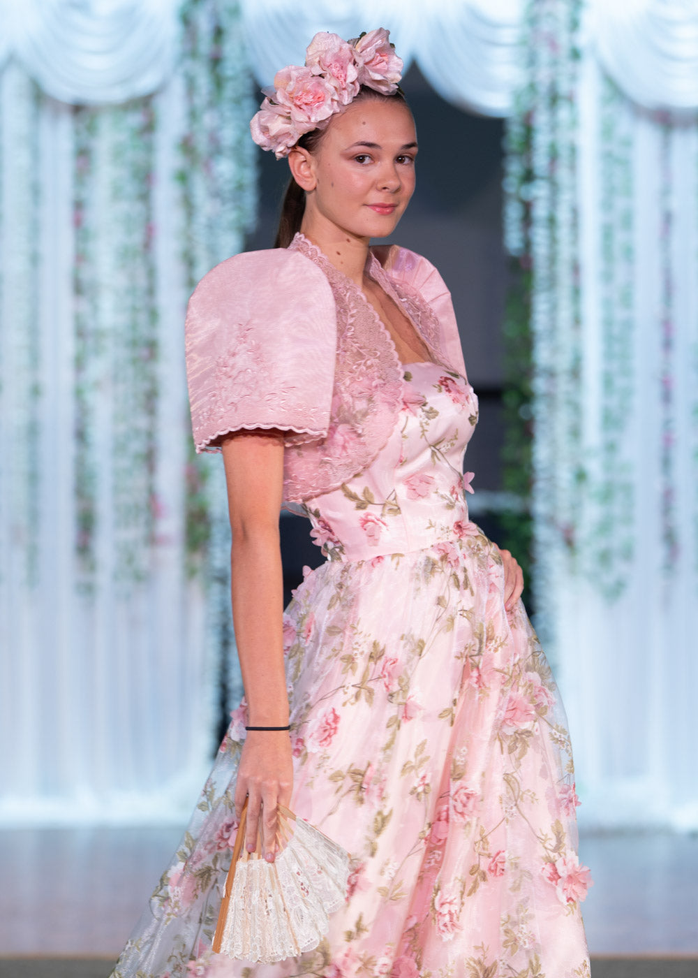 'Florisa' 3D Flower Organza Train Gown (Peony Pink)