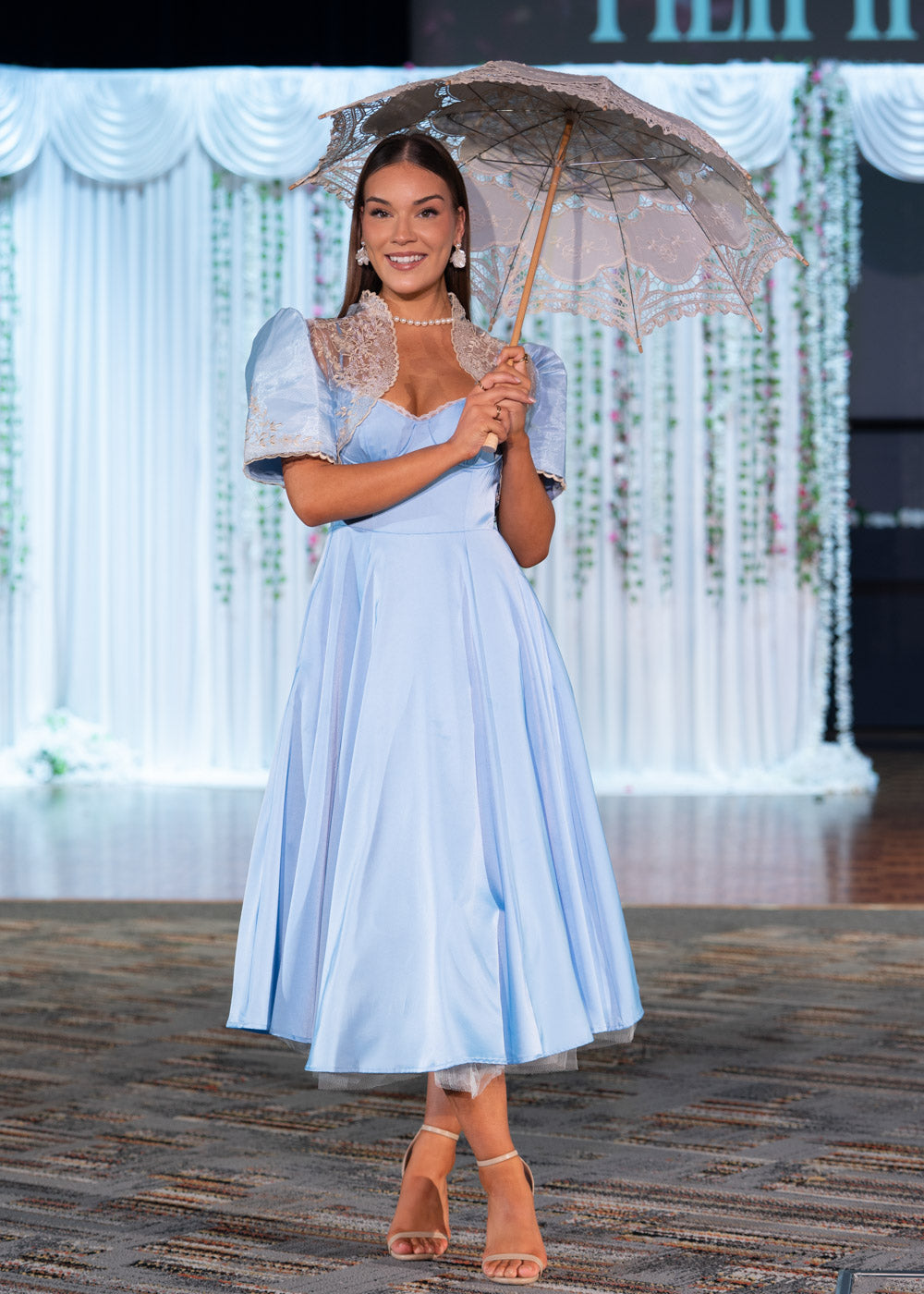 'Ella' Satin Midi Dress with Tulle Petticoat (Sky Blue)