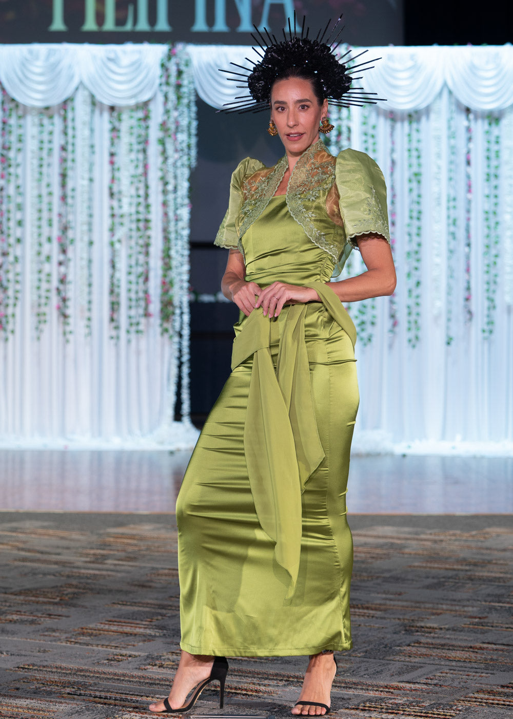 'Bea' Corset Charmeuse Satin Gown with Chiffon Scarf (Chartreuse Green)