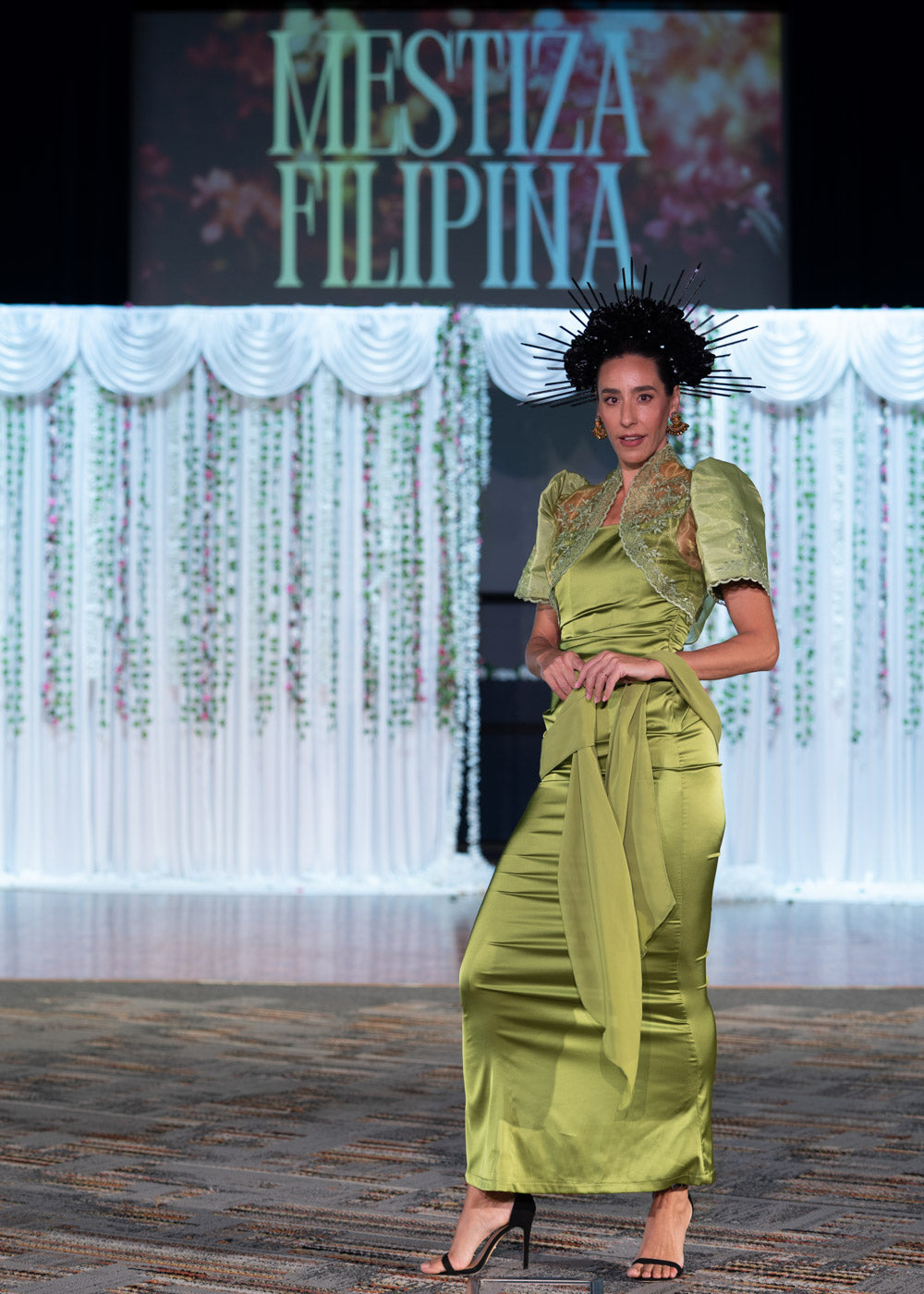 'Bea' Corset Charmeuse Satin Gown with Chiffon Scarf (Chartreuse Green)