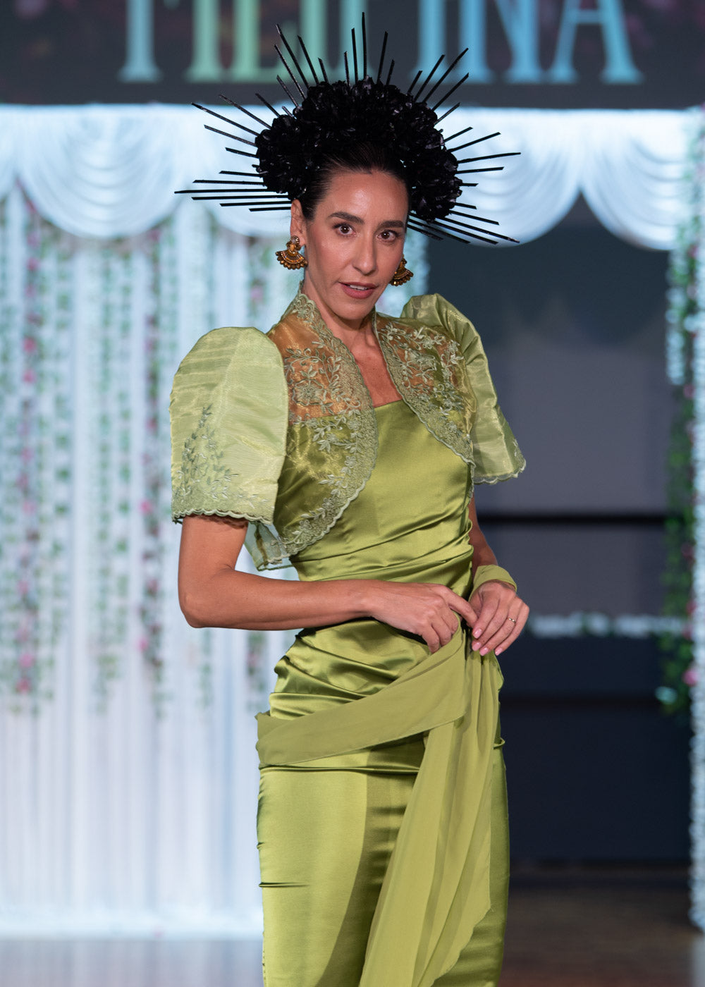 'Bea' Corset Charmeuse Satin Gown with Chiffon Scarf (Chartreuse Green)