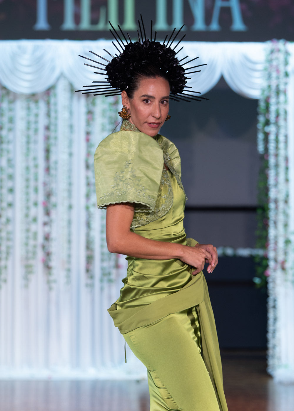'Bea' Corset Charmeuse Satin Gown with Chiffon Scarf (Chartreuse Green)