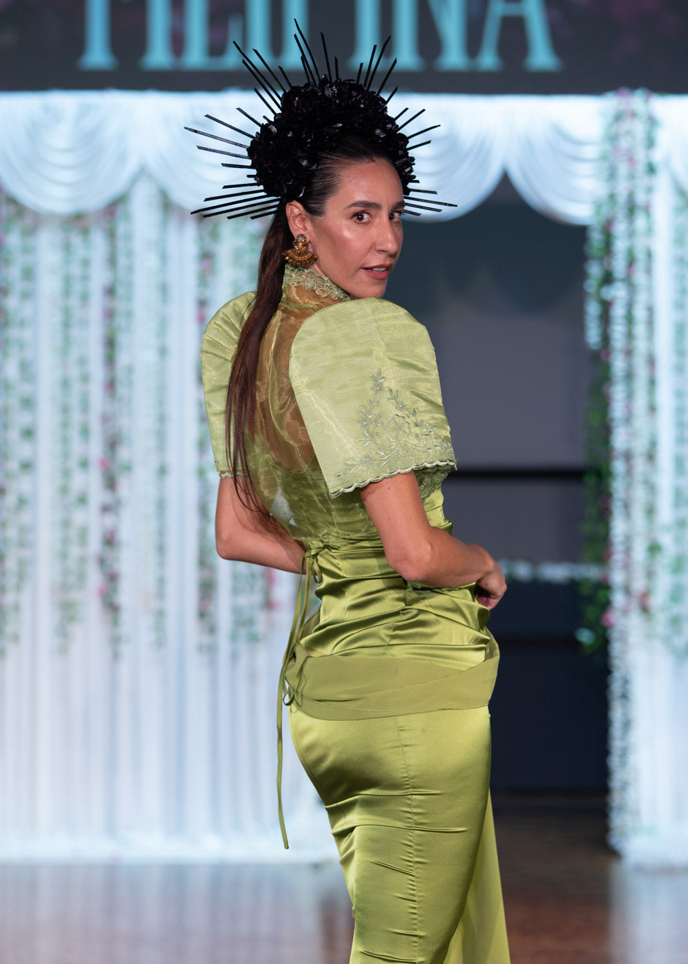 'Bea' Corset Charmeuse Satin Gown with Chiffon Scarf (Chartreuse Green)