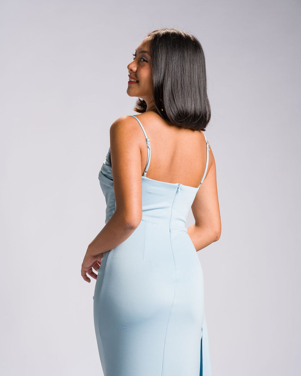 'Liza' Hand-Beaded Ruched Cape Satin Gown (Powder Blue)