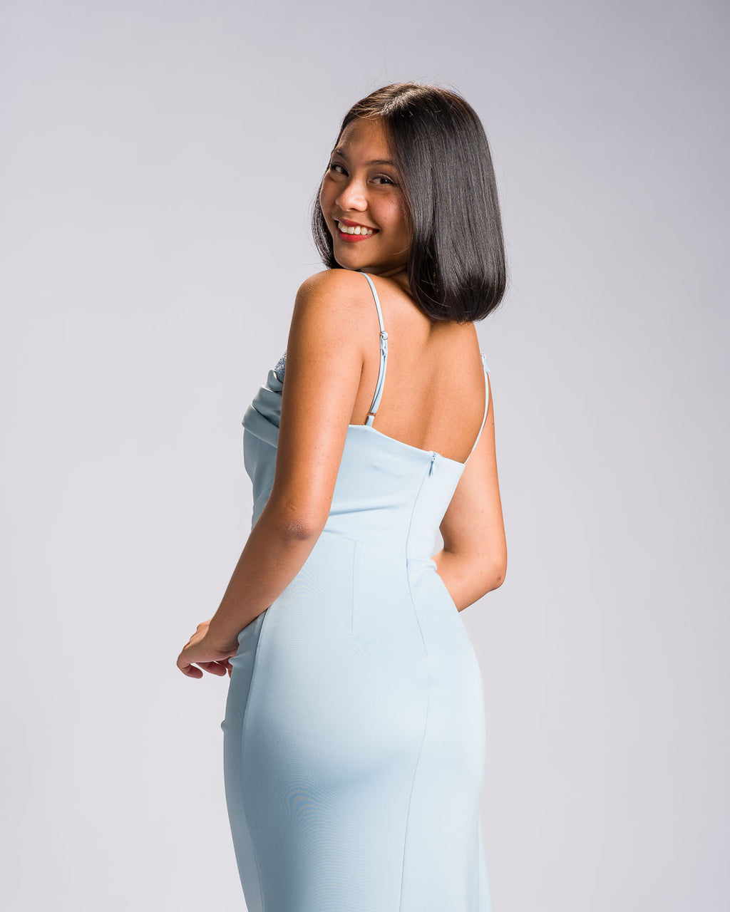 'Liza' Hand-Beaded Ruched Cape Satin Gown (Powder Blue)