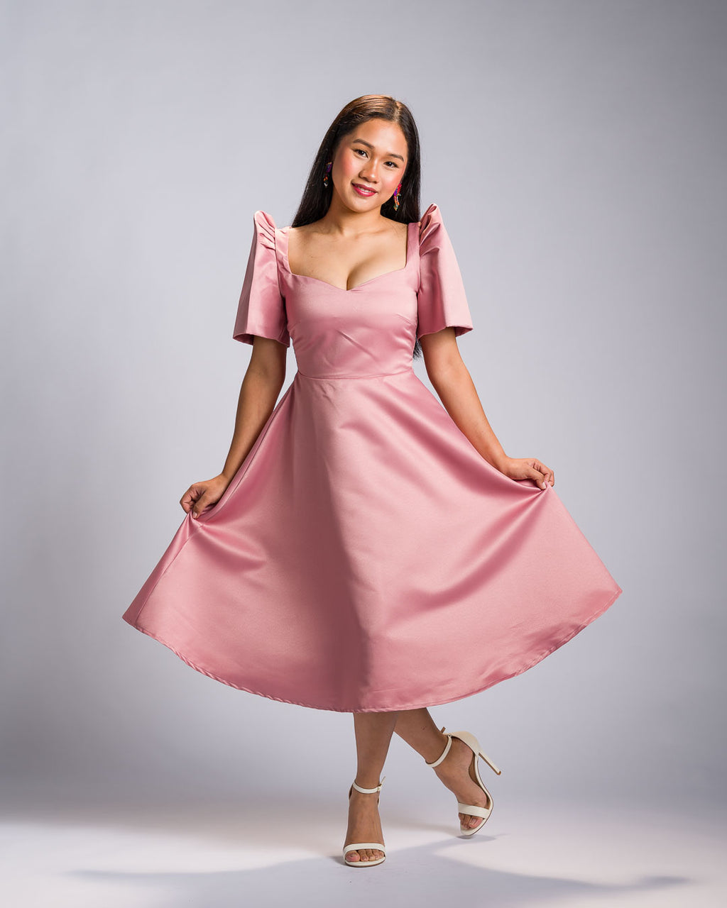 [PRE-ORDER] 'Love' Midi Filipiniana Dress, Duchess Satin (Rose Pink)