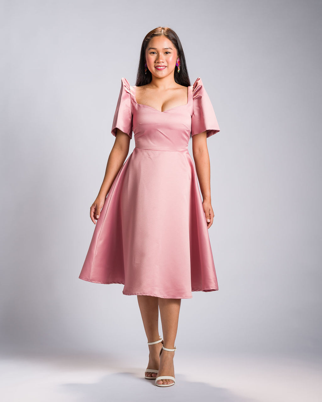 [PRE-ORDER] 'Love' Midi Filipiniana Dress, Duchess Satin (Rose Pink)