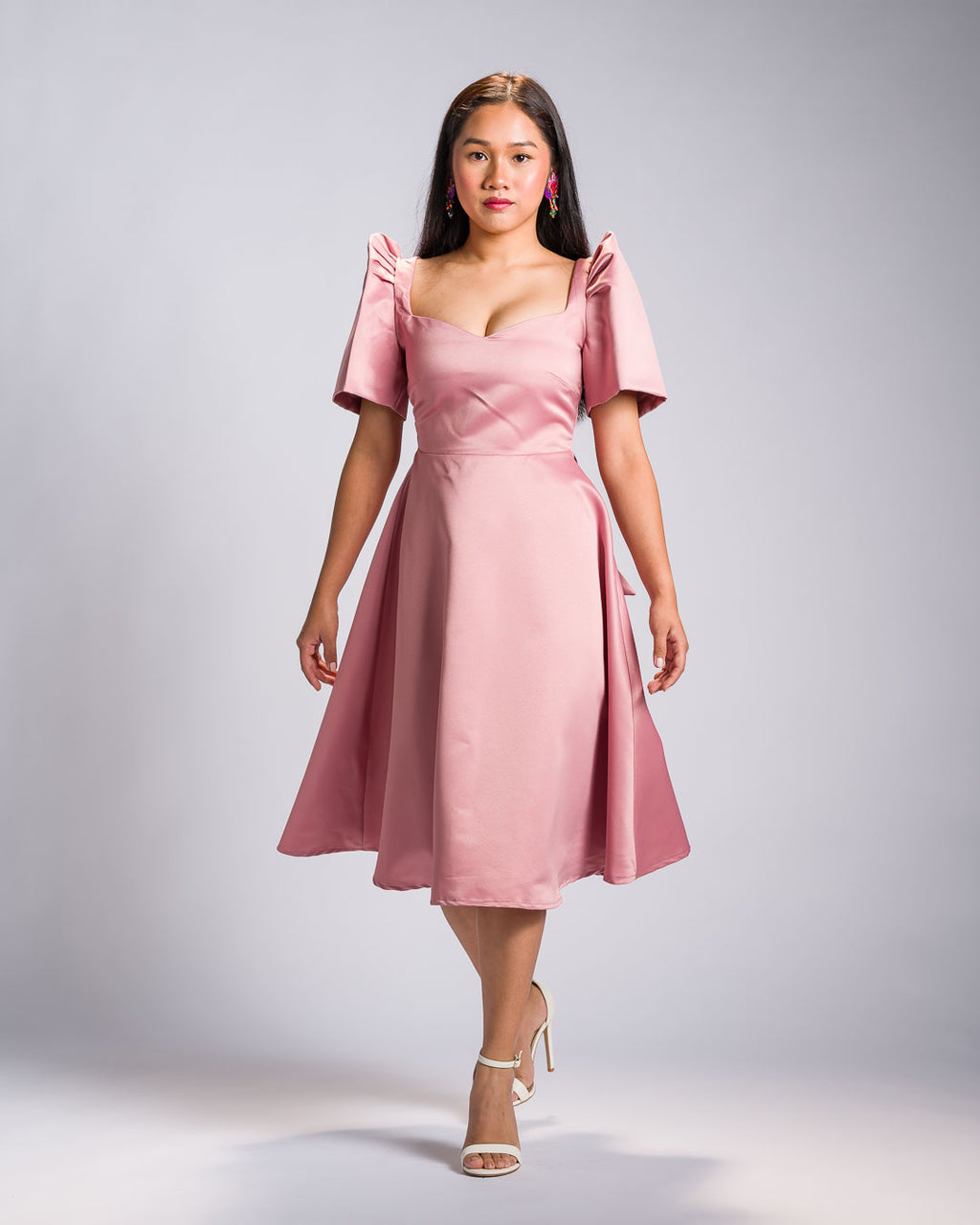 [PRE-ORDER] 'Love' Midi Filipiniana Dress, Duchess Satin (Rose Pink)