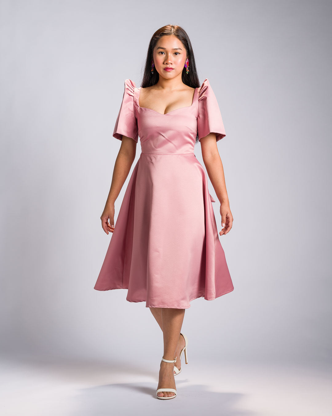 [PRE-ORDER] 'Love' Midi Filipiniana Dress, Duchess Satin (Rose Pink)