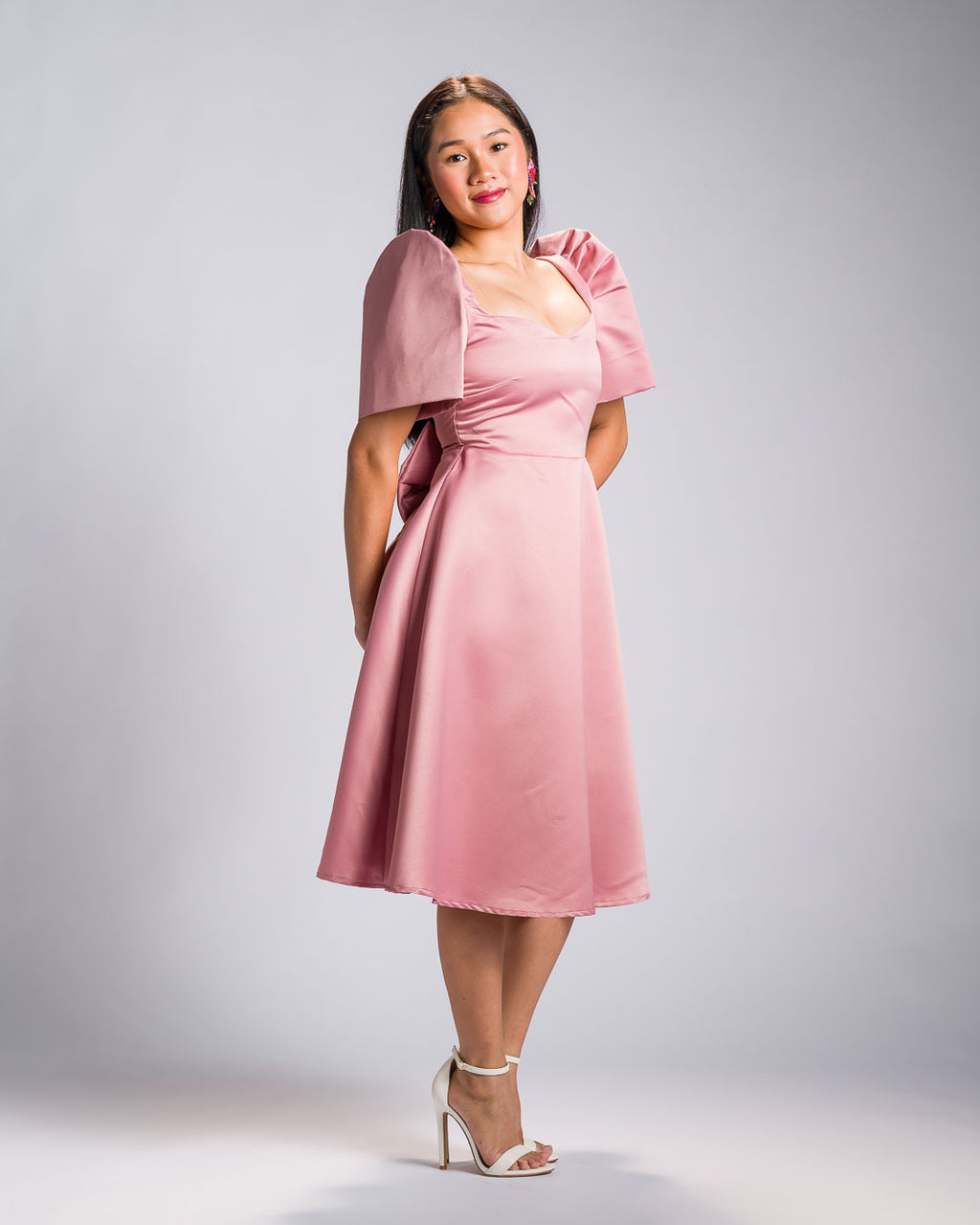 [PRE-ORDER] 'Love' Midi Filipiniana Dress, Duchess Satin (Rose Pink)