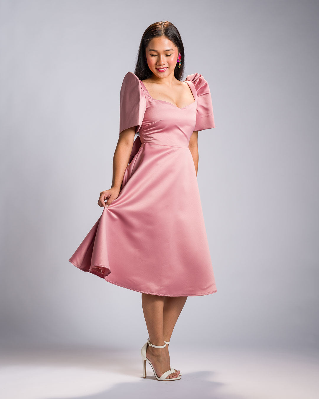 [PRE-ORDER] 'Love' Midi Filipiniana Dress, Duchess Satin (Rose Pink)