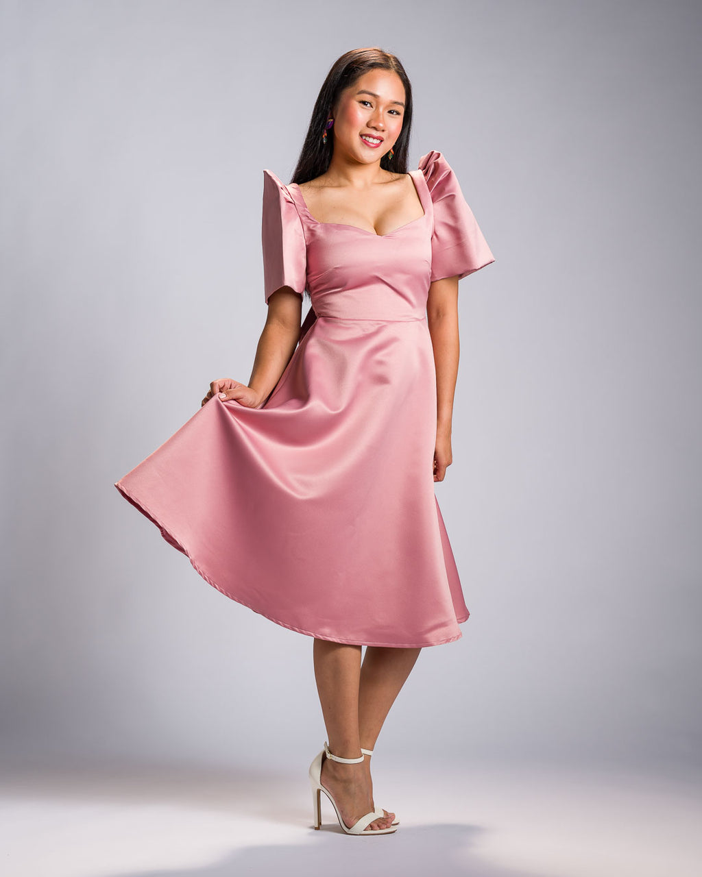 [PRE-ORDER] 'Love' Midi Filipiniana Dress, Duchess Satin (Rose Pink)