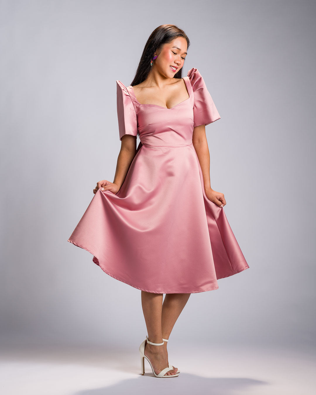 [PRE-ORDER] 'Love' Midi Filipiniana Dress, Duchess Satin (Rose Pink)