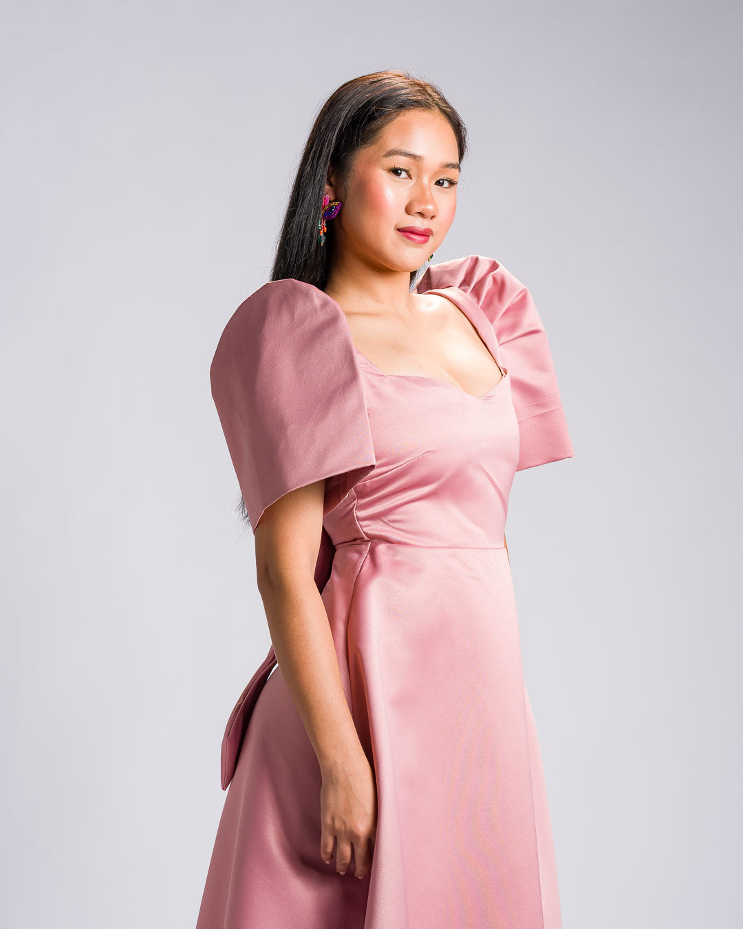 [PRE-ORDER] 'Love' Midi Filipiniana Dress, Duchess Satin (Rose Pink)