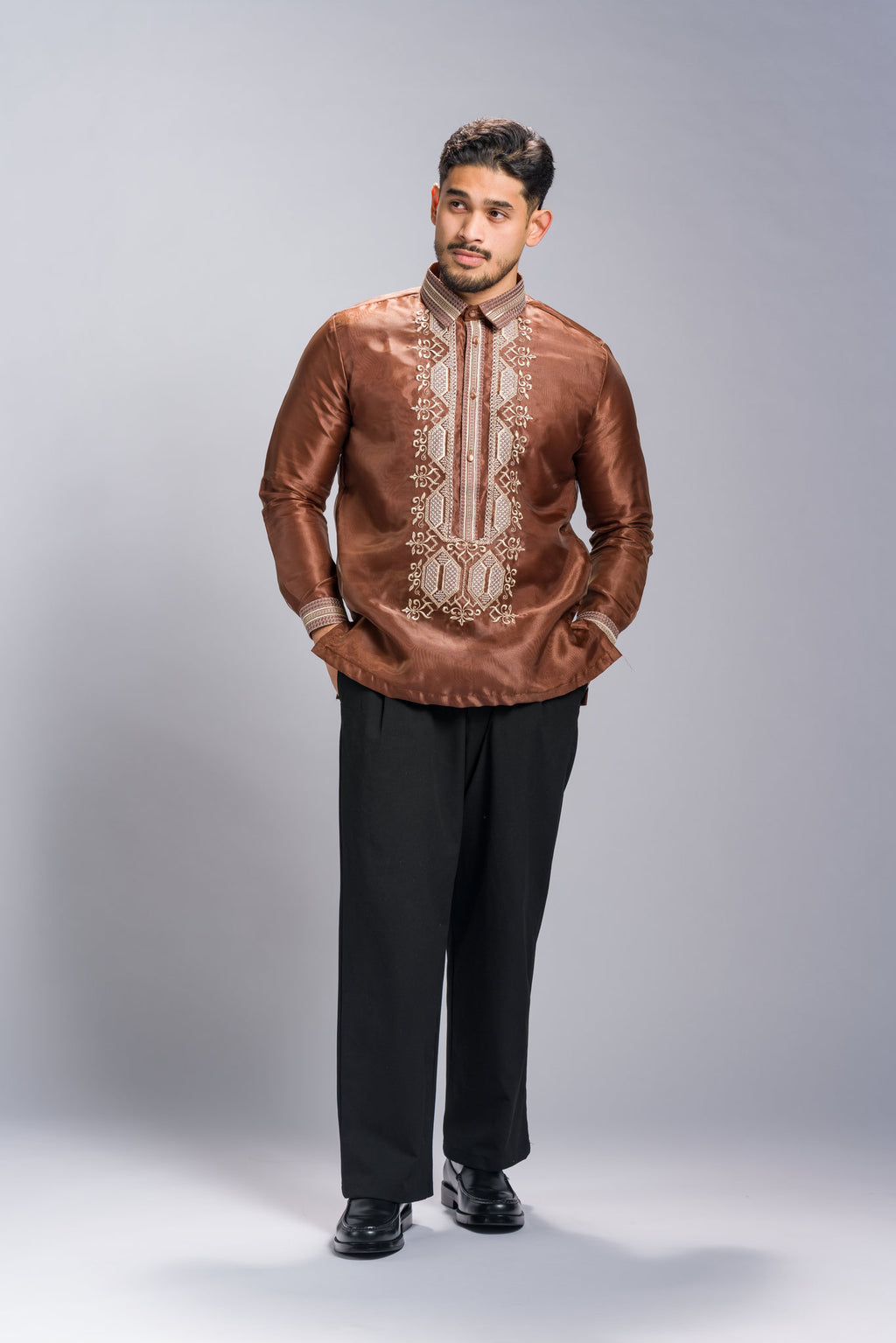 Barong Tagalog 'Matias' in Cocoa Brown, styled look – Mestiza Filipina