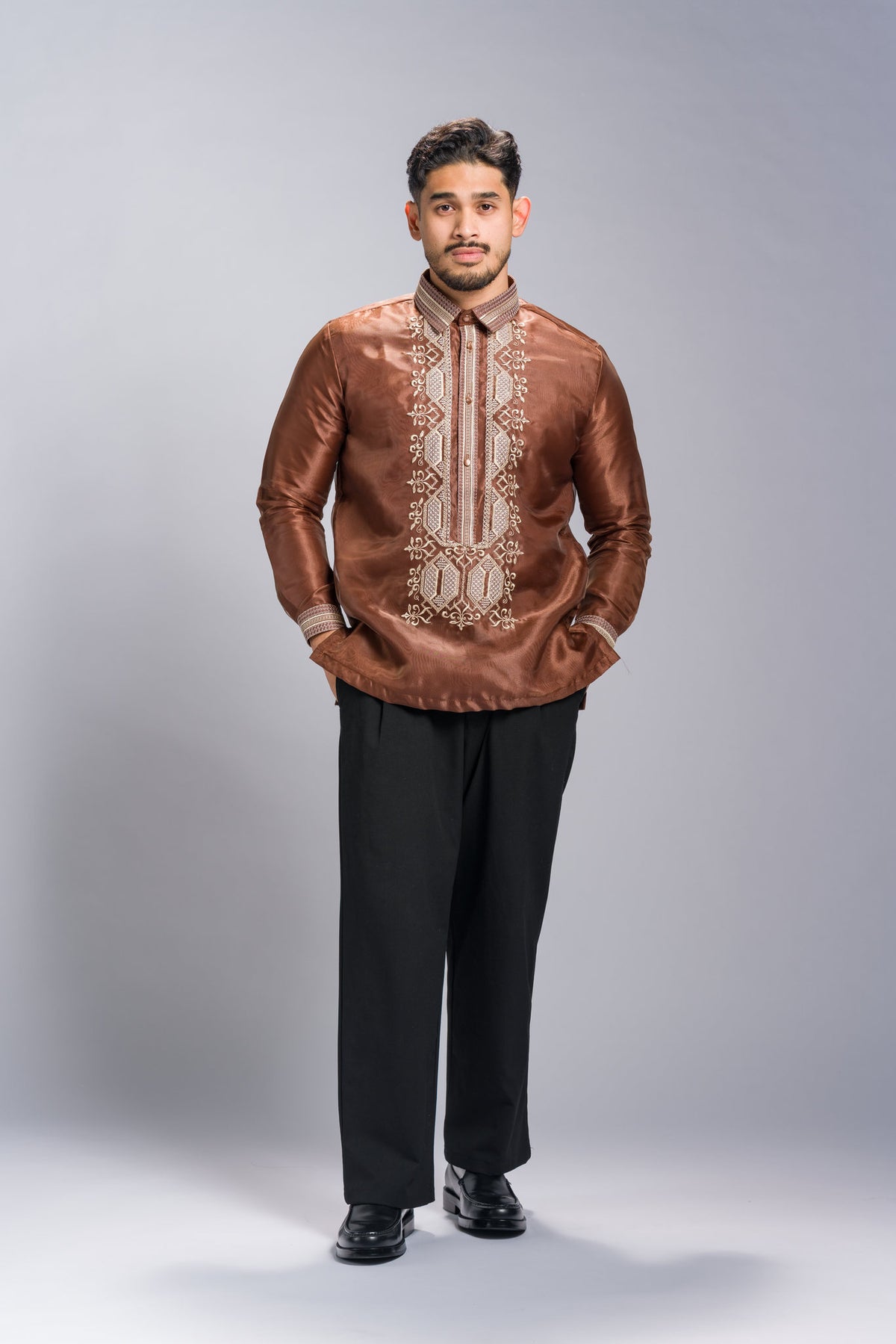 Barong Tagalog 'Matias' in Cocoa Brown, full length front – Mestiza Filipina
