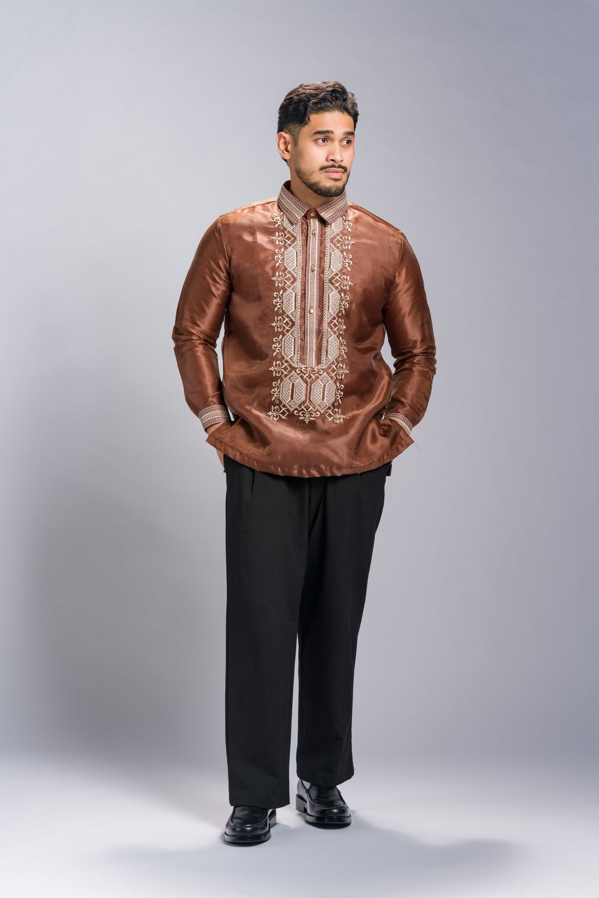 Barong Tagalog 'Matias' in Cocoa Brown, full length – Mestiza Filipina