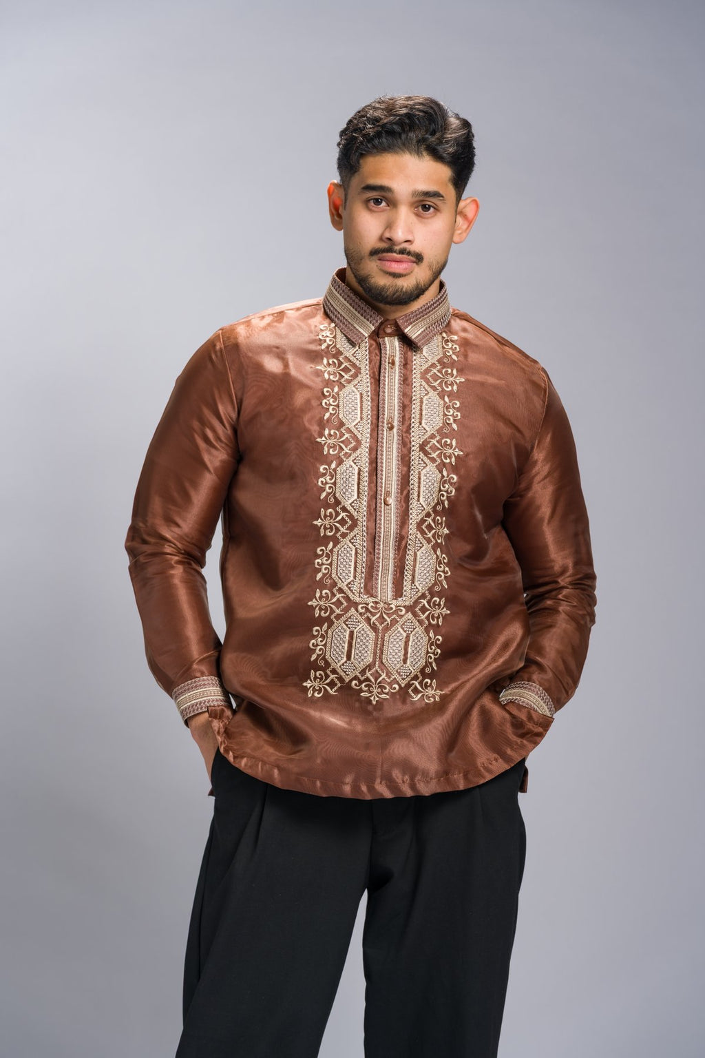 Barong Tagalog 'Matias' in Cocoa Brown, embroidery detail – Mestiza Filipina