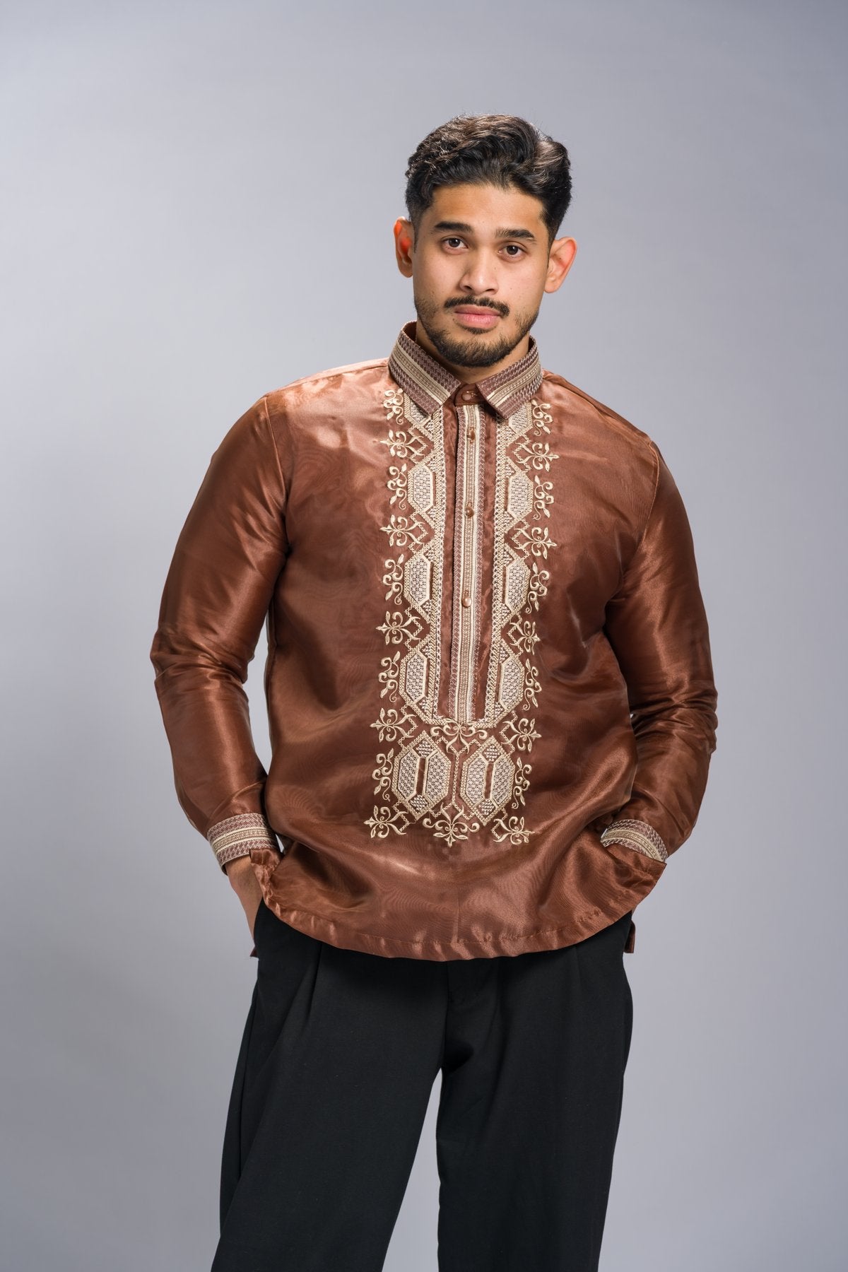 Barong Tagalog 'Matias' in Cocoa Brown, embroidery detail – Mestiza Filipina