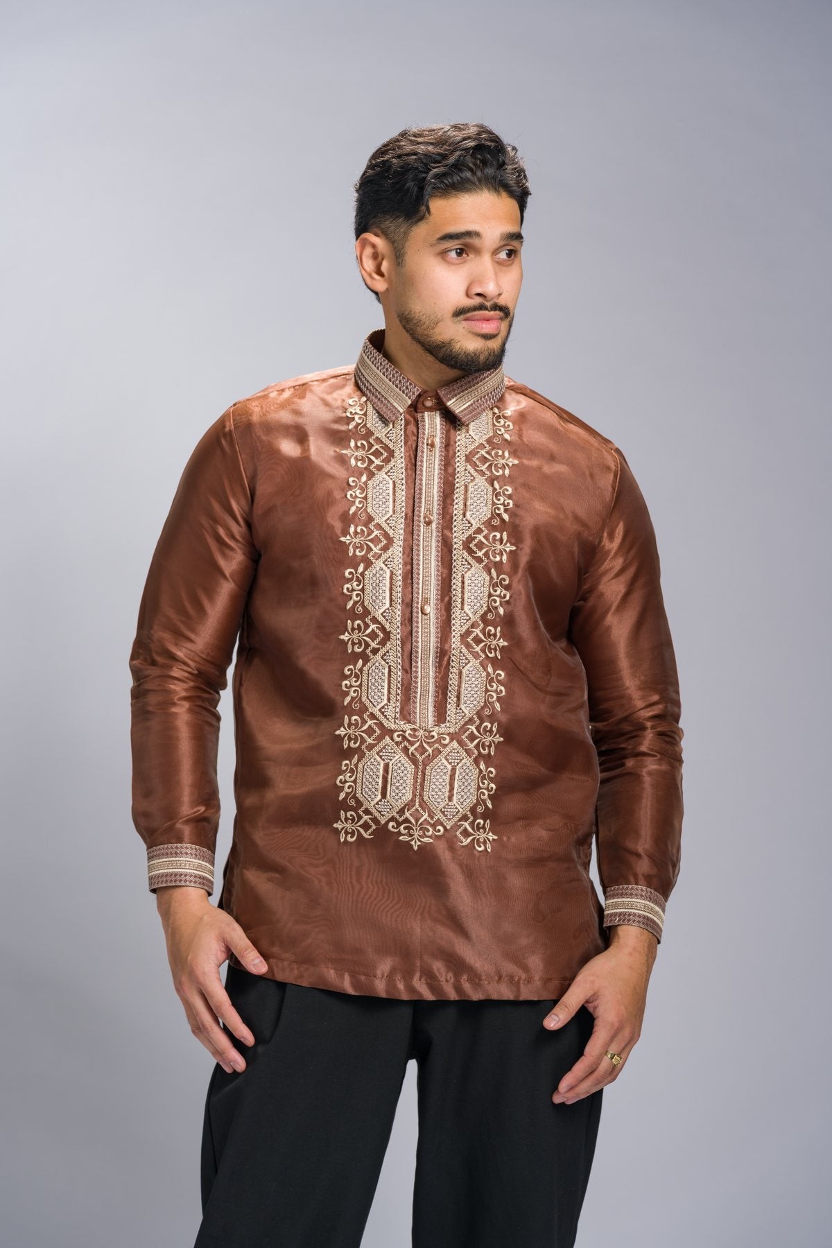 Barong Tagalog 'Matias' in Cocoa Brown, front view – Mestiza Filipina