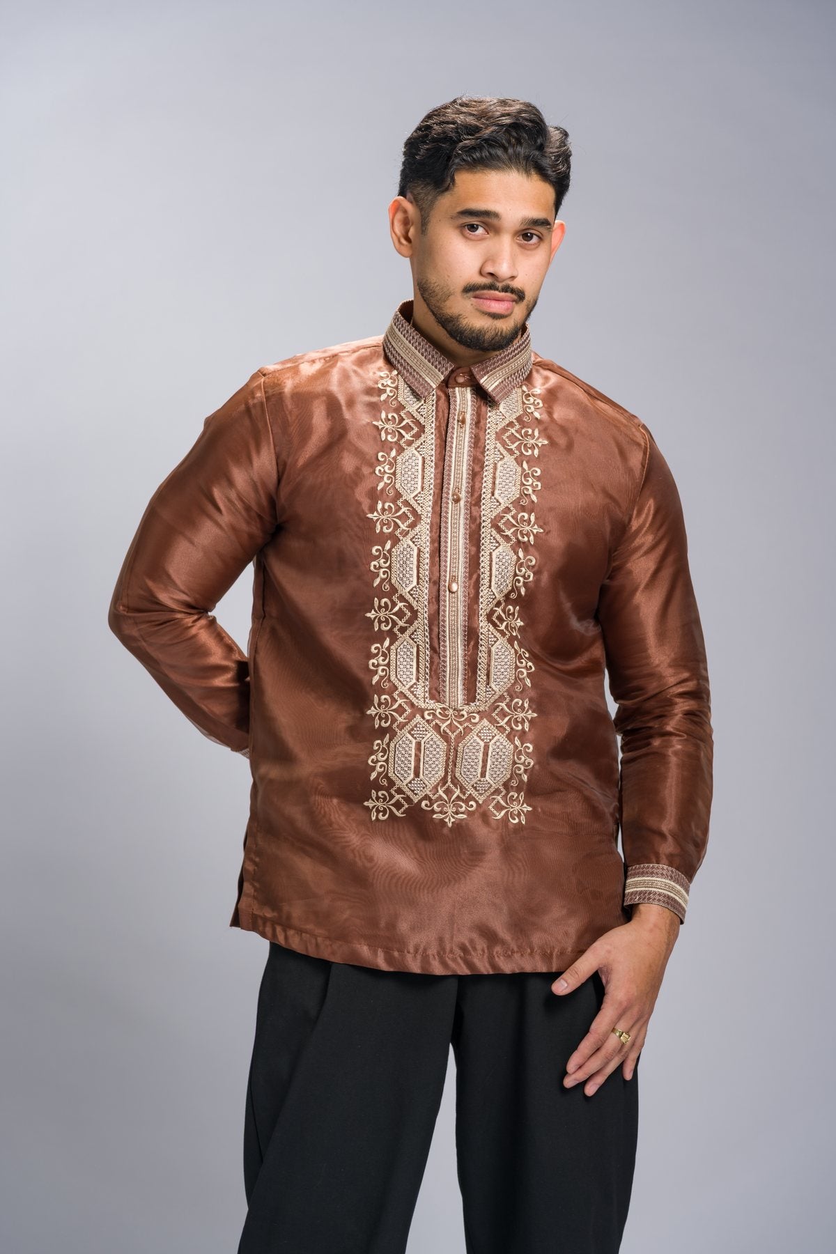 Barong Tagalog 'Matias' in Cocoa Brown, front view – Mestiza Filipina