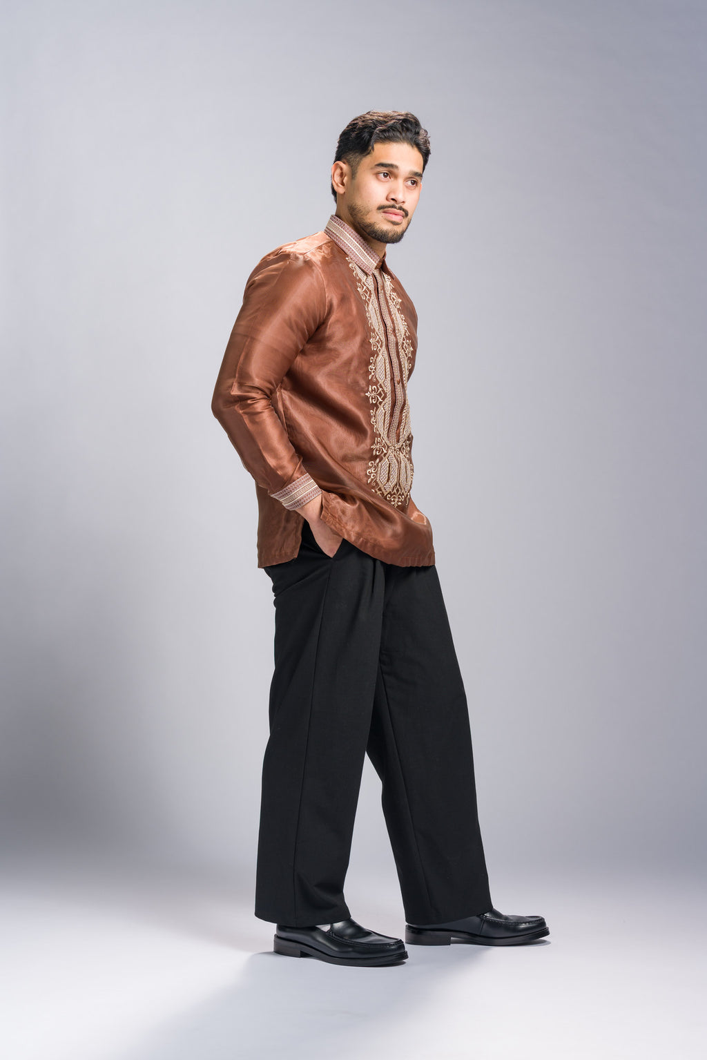 Barong Tagalog 'Matias' in Cocoa Brown, side view full length – Mestiza Filipina