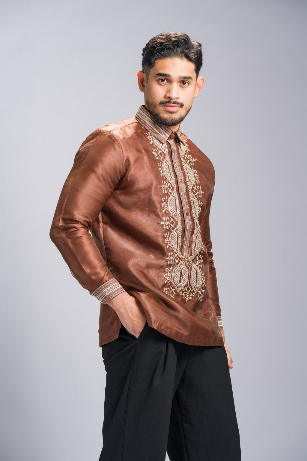 Barong Tagalog 'Matias' in Cocoa Brown, side view – Mestiza Filipina