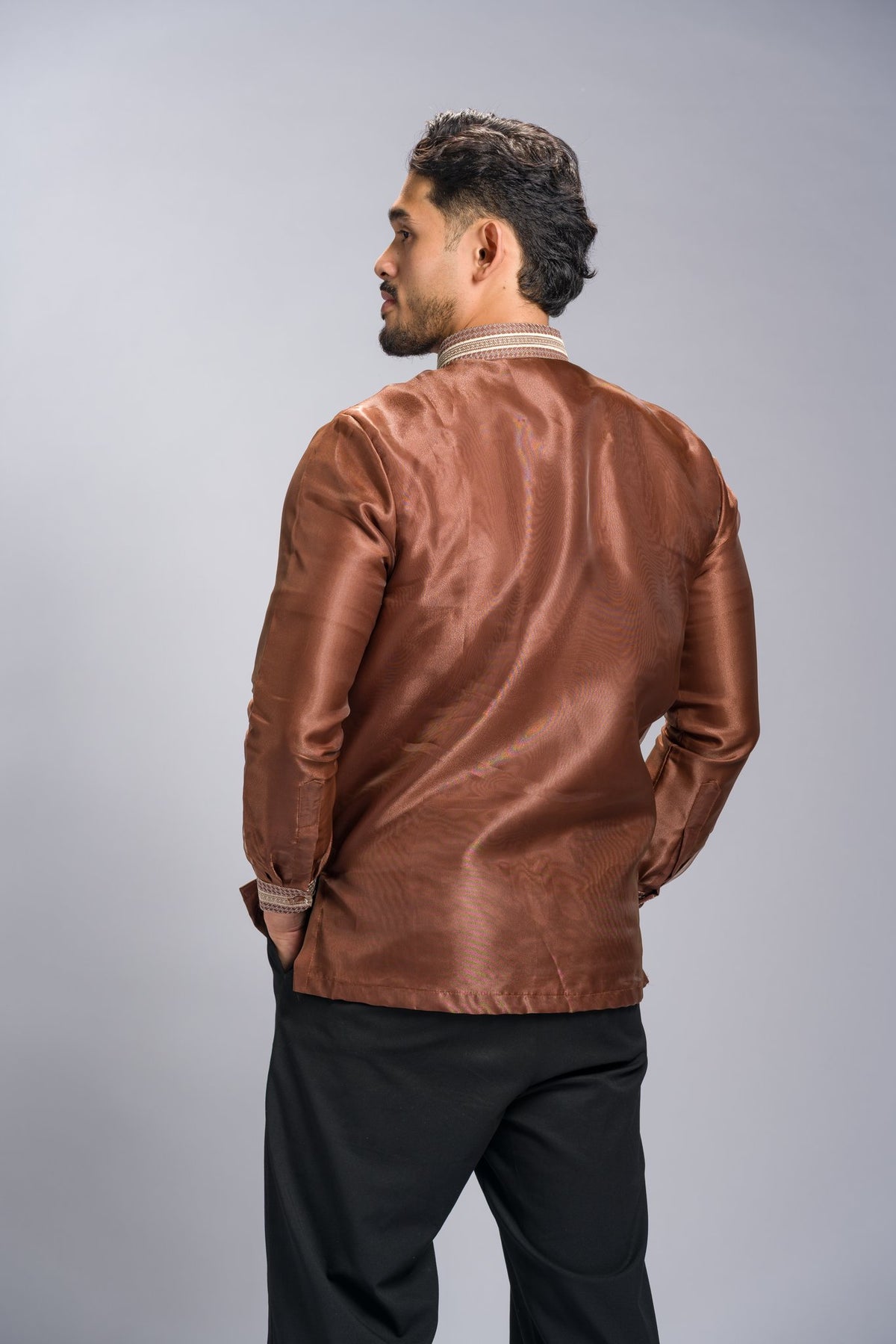 Barong Tagalog 'Matias' in Cocoa Brown, back view – Mestiza Filipina