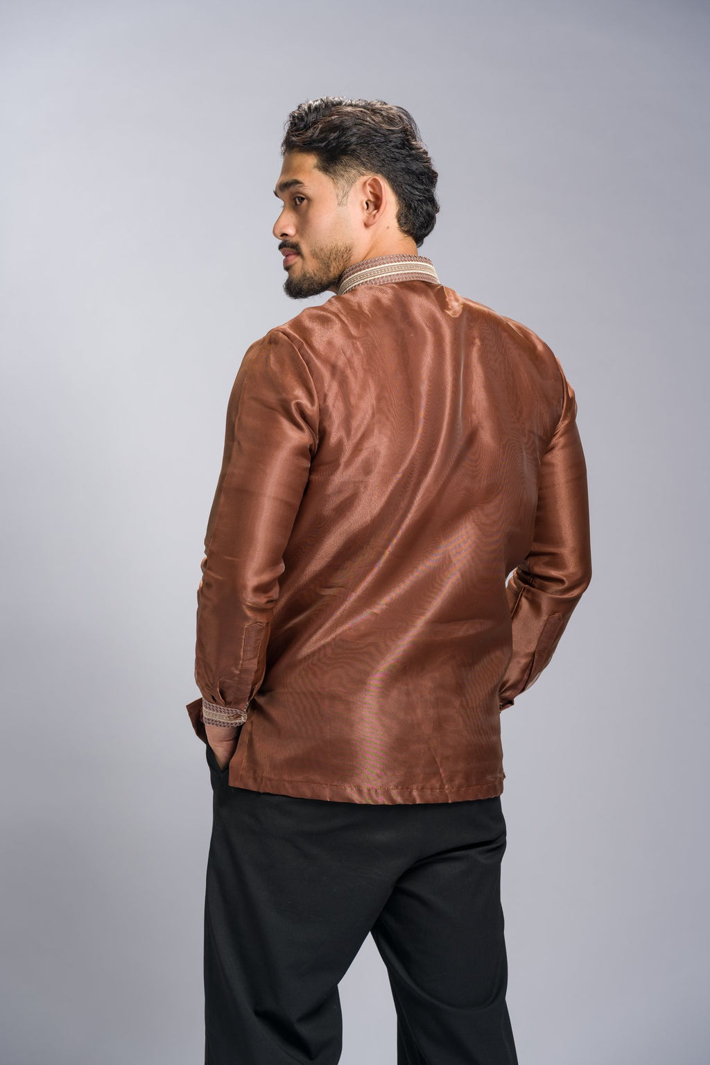 Barong Tagalog 'Matias' in Cocoa Brown, back view – Mestiza Filipina