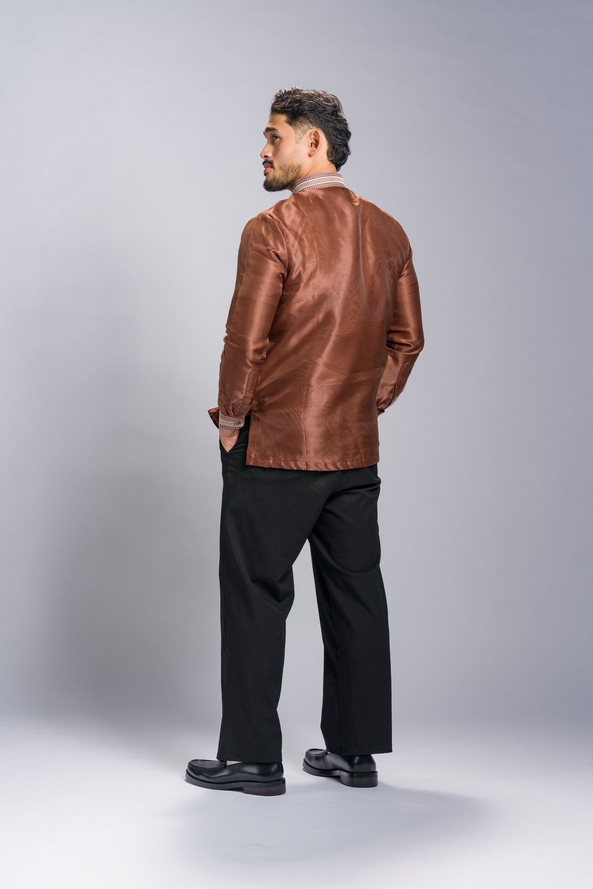 Barong Tagalog 'Matias' in Cocoa Brown, back view full length – Mestiza Filipina