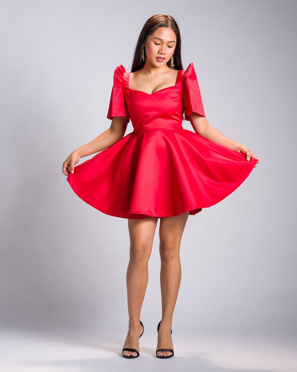 'Love' Mini Filipiniana Dress, Duchess Satin (Red)