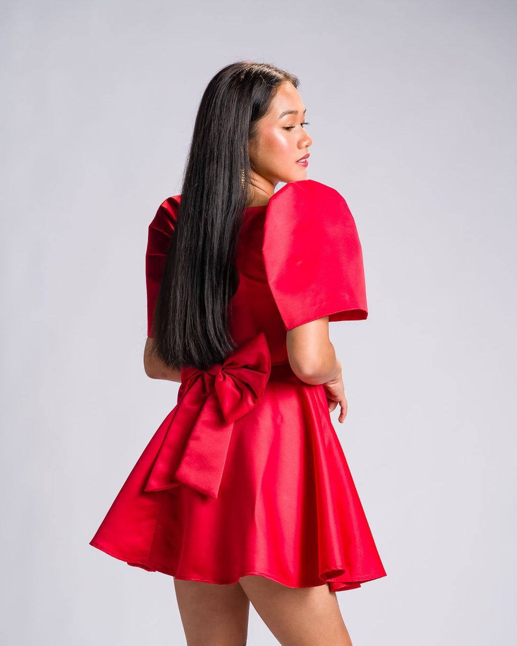 'Love' Mini Filipiniana Dress, Duchess Satin (Red)