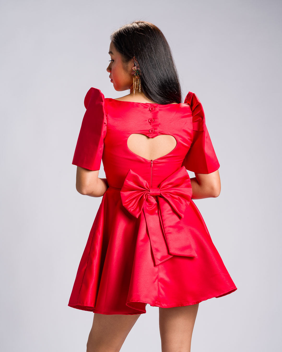 'Love' Mini Filipiniana Dress, Duchess Satin (Red)